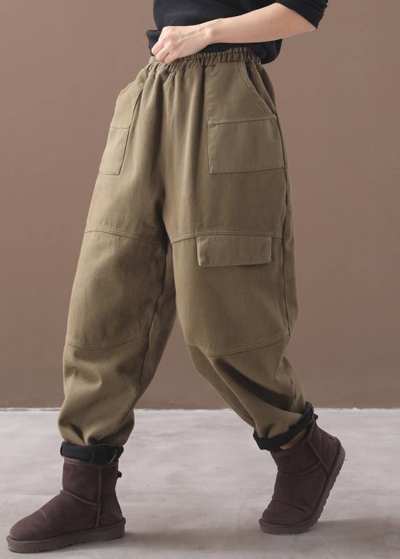 New Thick Cotton Harem Pants False Pockets Army Green Pants
