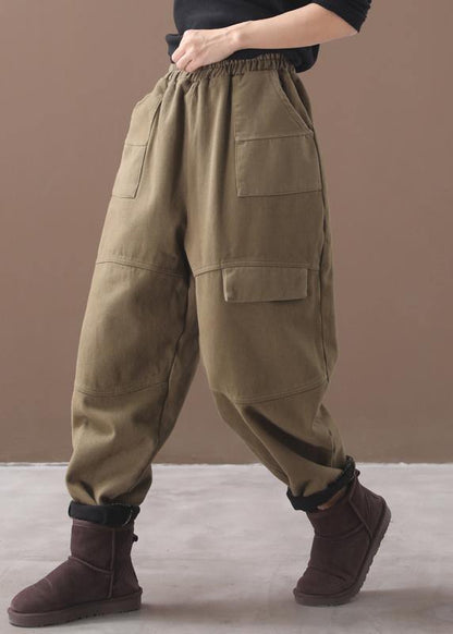 New Thick Cotton Harem Pants False Pockets Army Green Pants
