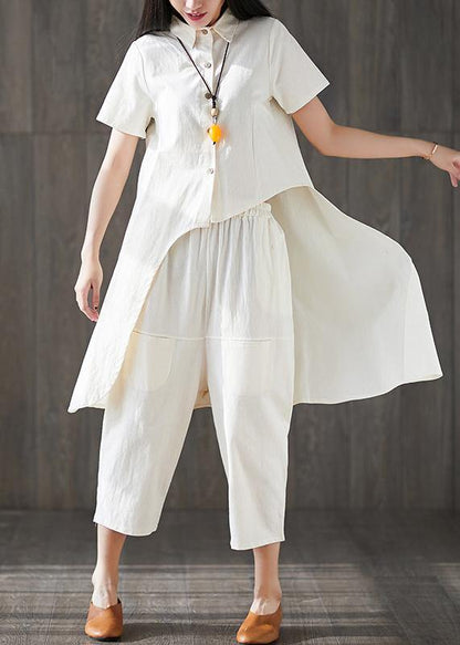 New White Asymmetric Tops and Elastic Waist Harem Pants Fshion Two Pieces