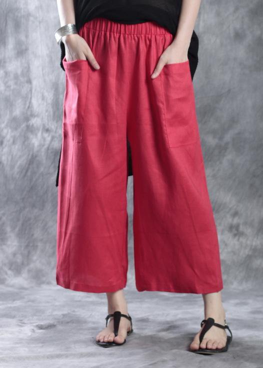 New White Red Linen Crop Pants