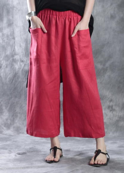New White Red Linen Crop Pants