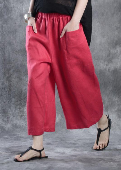 New White Red Linen Crop Pants
