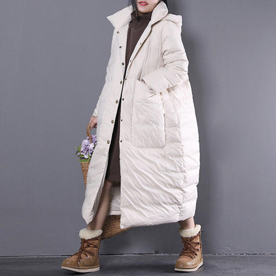 New White Winter Oversize Hooded Down Coat Fine Large Pockets Trench Down Coat