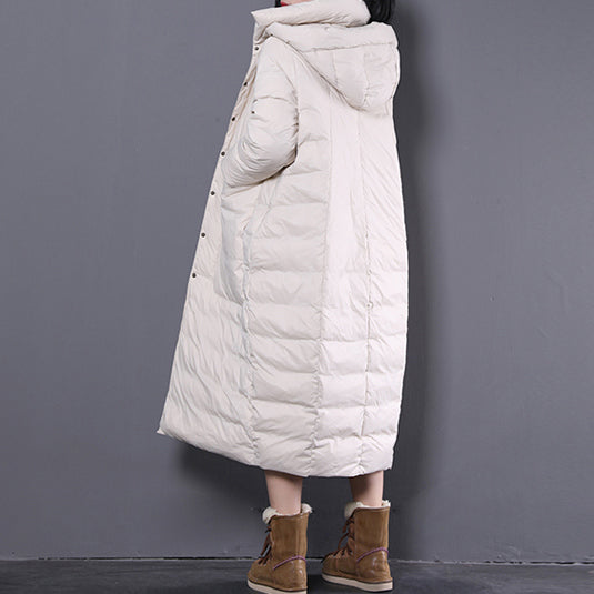 New White Winter Oversize Hooded Down Coat Fine Large Pockets Trench Down Coat