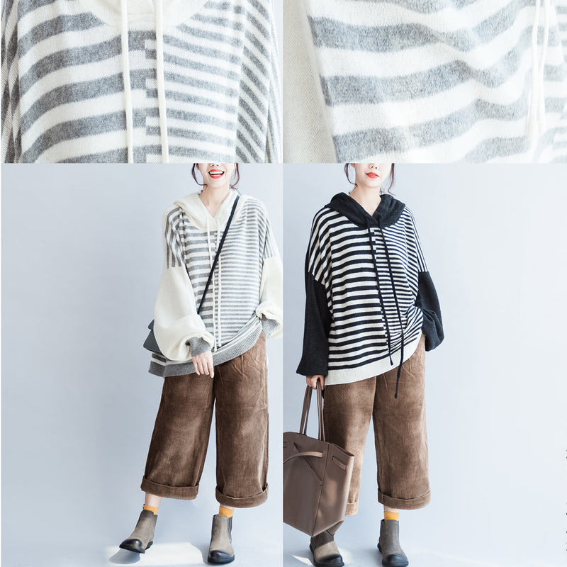 New Winter Striped Patchwork Woolen Sweater Hooded Long Sleeve Knit Tops