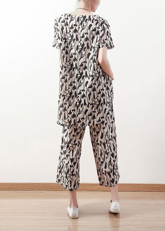 New Black Prints Linen O Neck Tops and Straight Pants