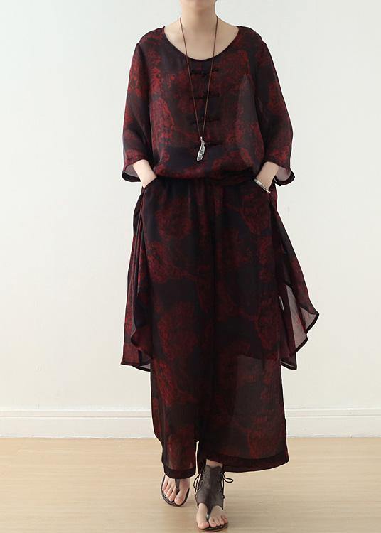 New Chiffon Two Pieces Red Prints O Neck Tops and Wide Leg Pants