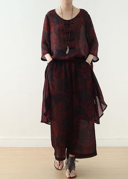 New Chiffon Two Pieces Red Prints O Neck Tops and Wide Leg Pants