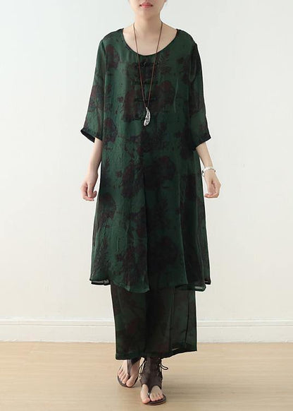 New Chiffon Two Pieces Red Prints O Neck Tops and Wide Leg Pants