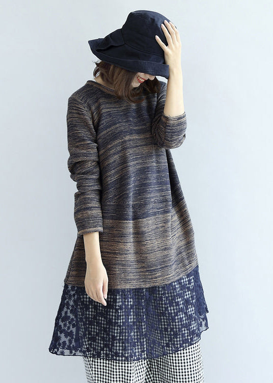 New Multi Blue Cotton Patchwork Lace Knit Dresses Mid Sweater Dress