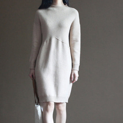 Nude Winter the Rabbit Wool Blended Knit Dresses Loose Patchwork Sweater Dress
