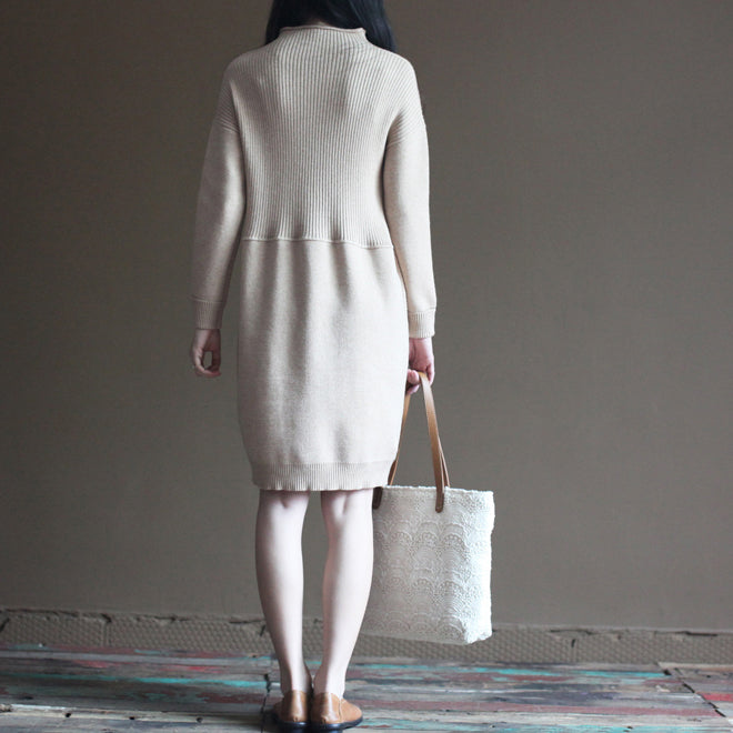 Nude Winter the Rabbit Wool Blended Knit Dresses Loose Patchwork Sweater Dress