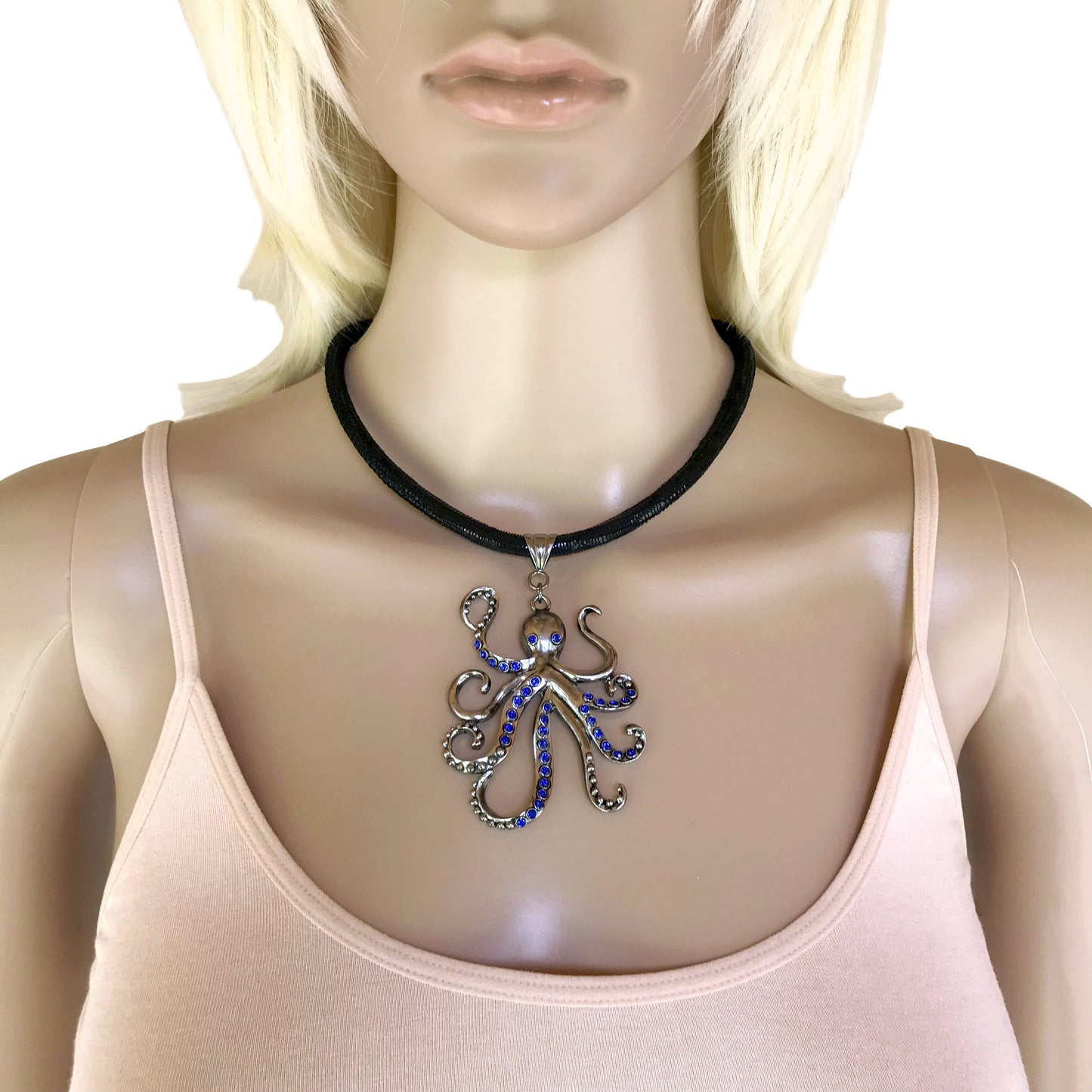 Large Pewter Octopus Pendant Choker Necklace With Blue Cz and Rhinestones on Thick Leather Cord