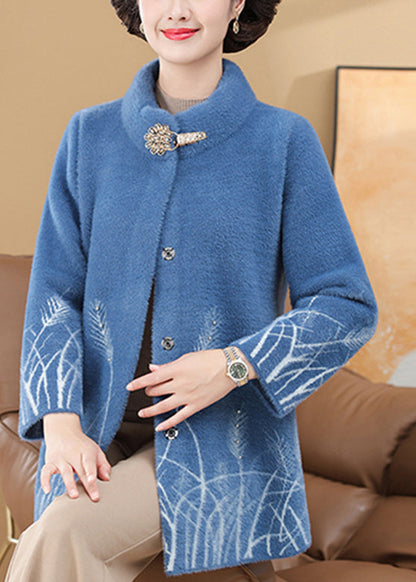 Omen Blue Print Pockets Mink Velvet Coats Spring
