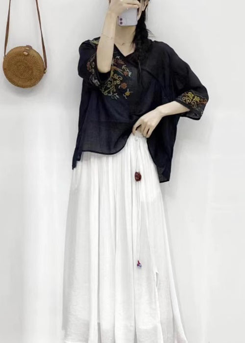Oose Black V Neck Embroideried Patchwork Linen Top Half Sleeve