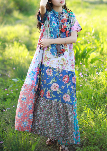 Original Design Stand Collar Print Patchwork Dress Short Sleeve
