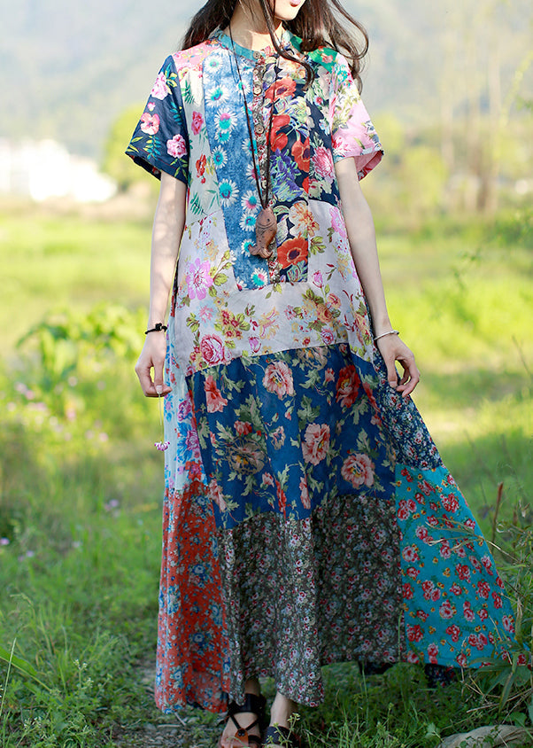 Original Design Stand Collar Print Patchwork Dress Short Sleeve