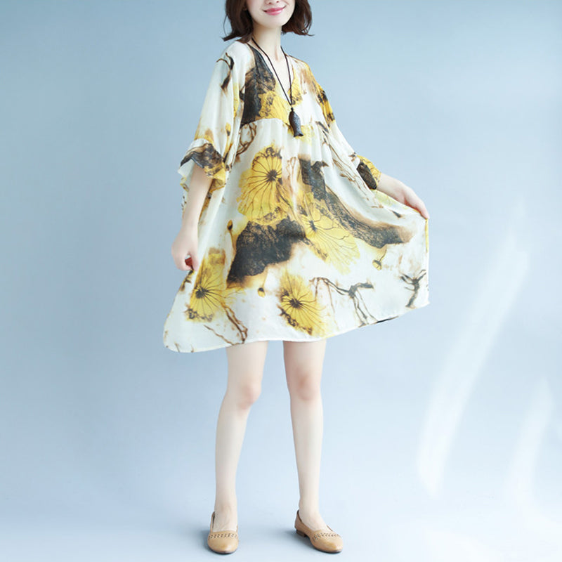 Original Designed Chiffon Print Summer Dress V Neck Half Sleeve Gown Patchwork Baggy Dresses