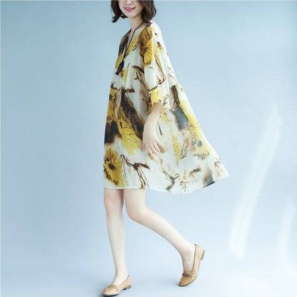 Original Designed Chiffon Print Summer Dress V Neck Half Sleeve Gown Patchwork Baggy Dresses