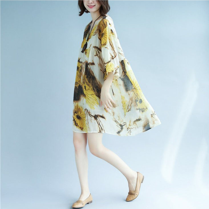 Original Designed Chiffon Print Summer Dress V Neck Half Sleeve Gown Patchwork Baggy Dresses