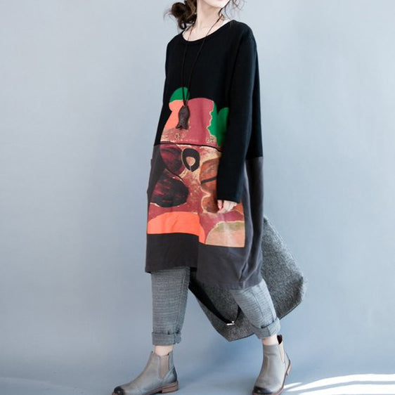 Oversize Autumn Winter Prints Cotton Dresses Black Gray Patchwork Thick Maternity Dress