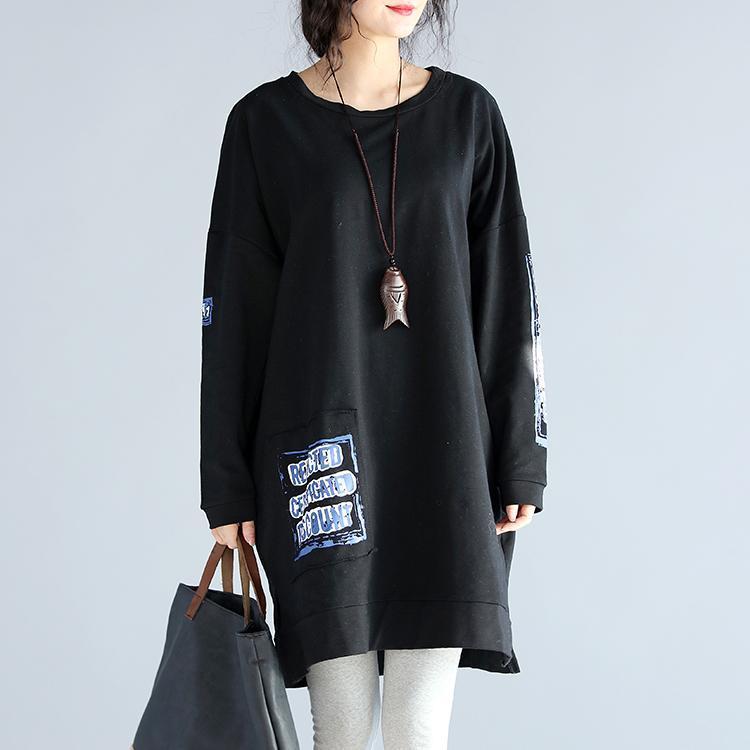 Oversize Autumn Black Cotton Dresses Loose Prints Long Sleeve Dress