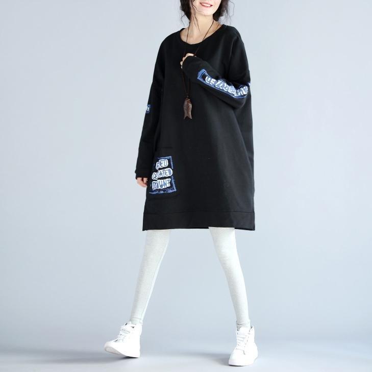 Oversize Autumn Black Cotton Dresses Loose Prints Long Sleeve Dress