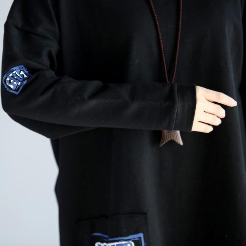 Oversize Autumn Black Cotton Dresses Loose Prints Long Sleeve Dress