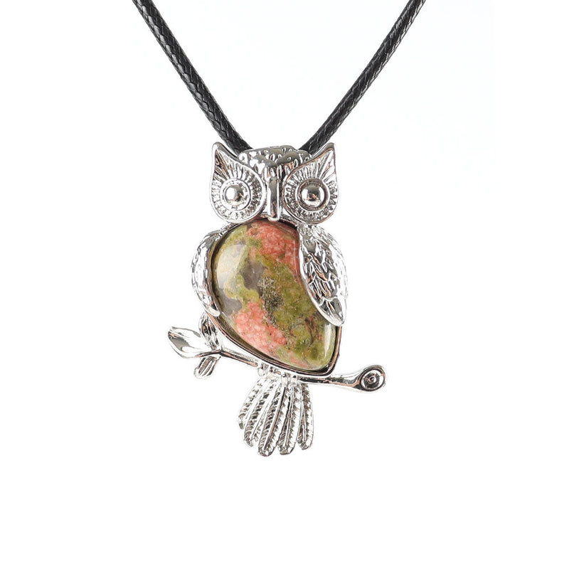 Owl Pendant Spiritual Necklace With Natural Gemstone 1.3 Inch