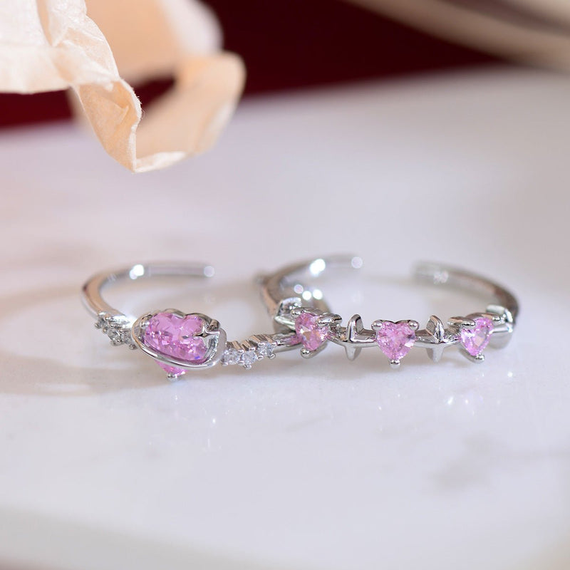 [] Pink Heart Ring Set