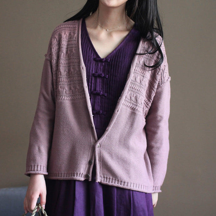 Pink Cotton Sweater Cardigans Long Sleeve Baggy V Neck Knit Short Cardigan Outwear