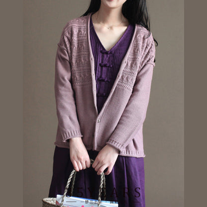 Pink Cotton Sweater Cardigans Long Sleeve Baggy V Neck Knit Short Cardigan Outwear