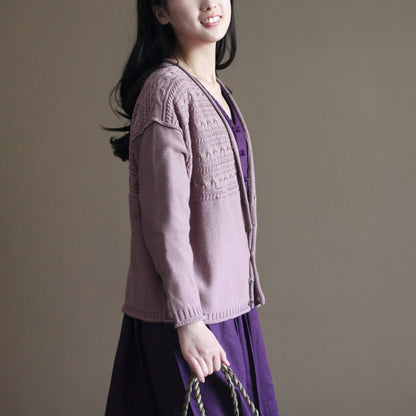 Pink Cotton Sweater Cardigans Long Sleeve Baggy V Neck Knit Short Cardigan Outwear