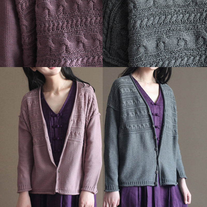 Pink Cotton Sweater Cardigans Long Sleeve Baggy V Neck Knit Short Cardigan Outwear