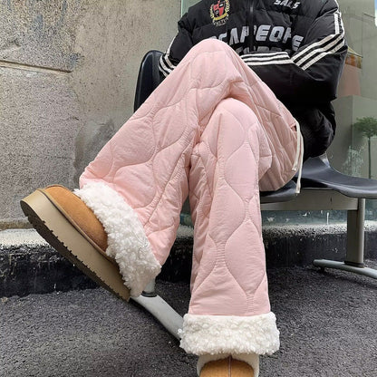 New Black Pockets Patchwork Warm Fleece Pants Winter
