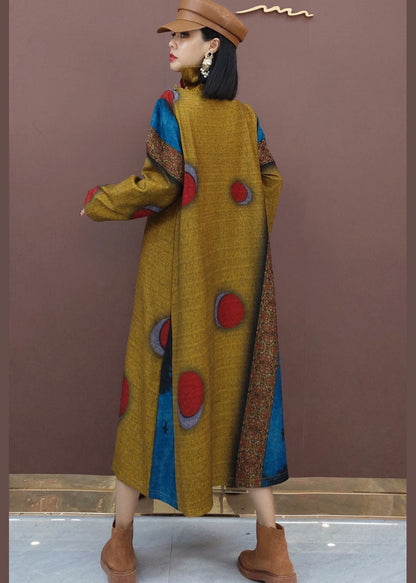 Khaki Dot Print Woolen Long Dresses Spring