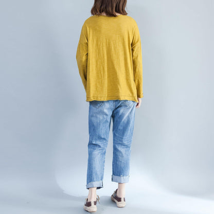 plus size casual cotton  t shirt yellow cozy autumn outfit