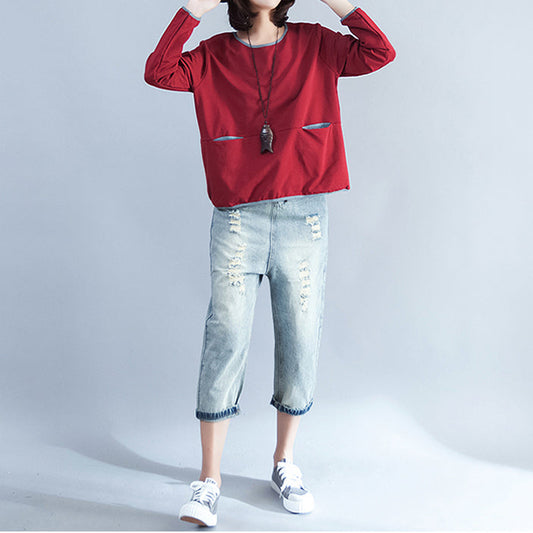 plus size casual cotton t shirt burgundy chunky long sleeve tops
