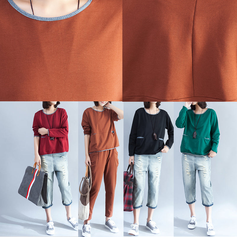 Cotton T Shirt Burgundy Chunky Long Sleeve Tops