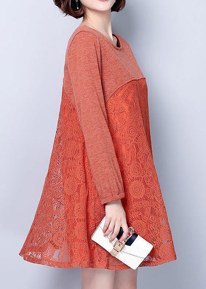Dark Pink Cotton Blended Dresses Patchwork Lace O Neck Dress