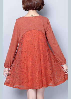 Dark Pink Cotton Blended Dresses Patchwork Lace O Neck Dress