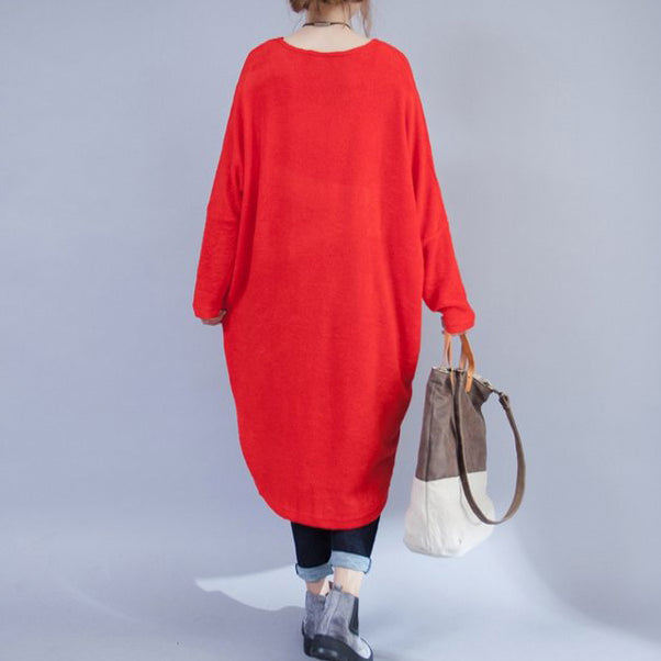 Woolen Dresses Red Low High Sweater Dress