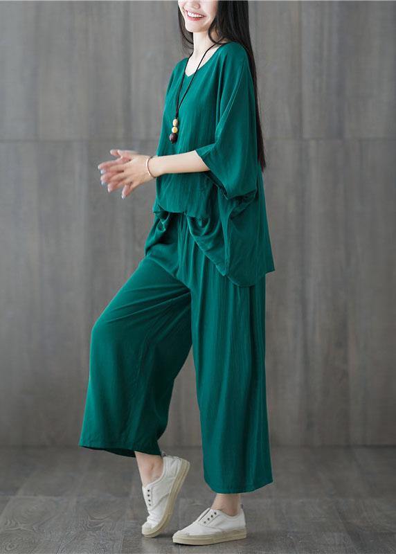 Green Two Pieces Batwing Sleeve Tops and Elastic Waist Pants