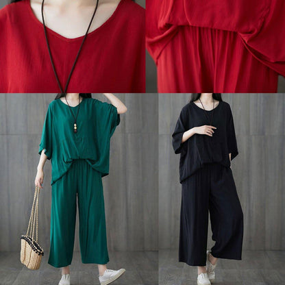 Green Two Pieces Batwing Sleeve Tops and Elastic Waist Pants