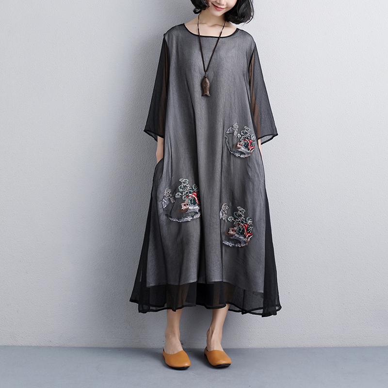 Sundress Embroidery Three Quarter Sleeve Black Dress