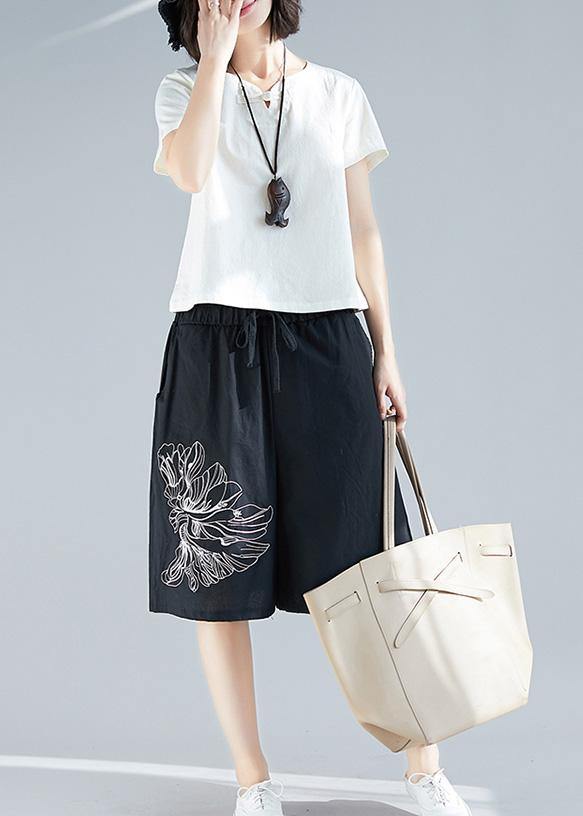 Black Cotton Blended Embroidery Shorts