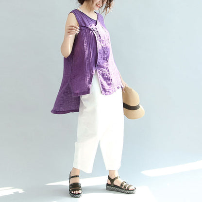 Print Linen Tops Loose Blouse Chinese Button Sleeveless T Shirt