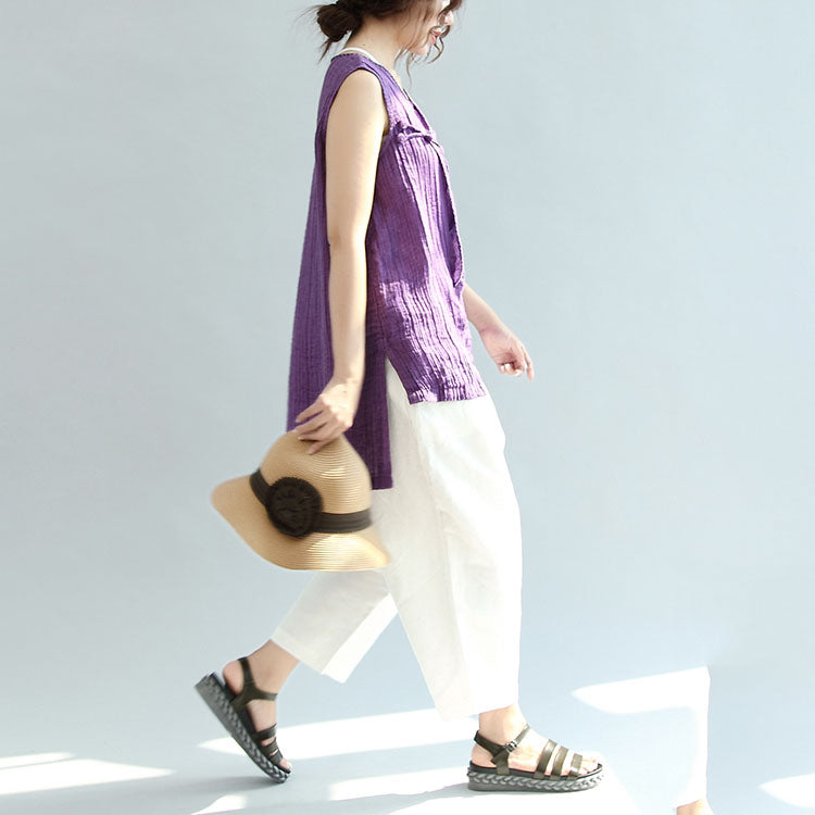 Print Linen Tops Loose Blouse Chinese Button Sleeveless T Shirt