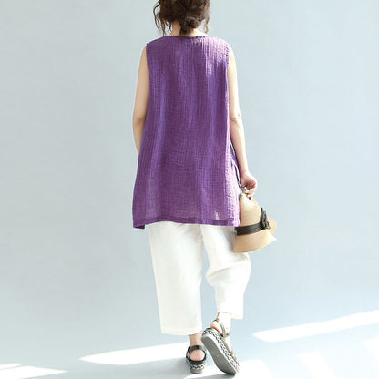 Print Linen Tops Loose Blouse Chinese Button Sleeveless T Shirt