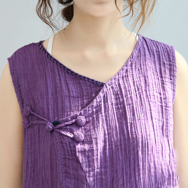 Print Linen Tops Loose Blouse Chinese Button Sleeveless T Shirt